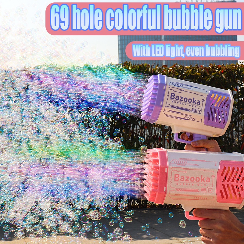 Bubble Gun Rocket 69 Holes Soap Bubbles Machine Gun Shape Automatic Blower With Light Toys For Kids Pomperos - Image 3